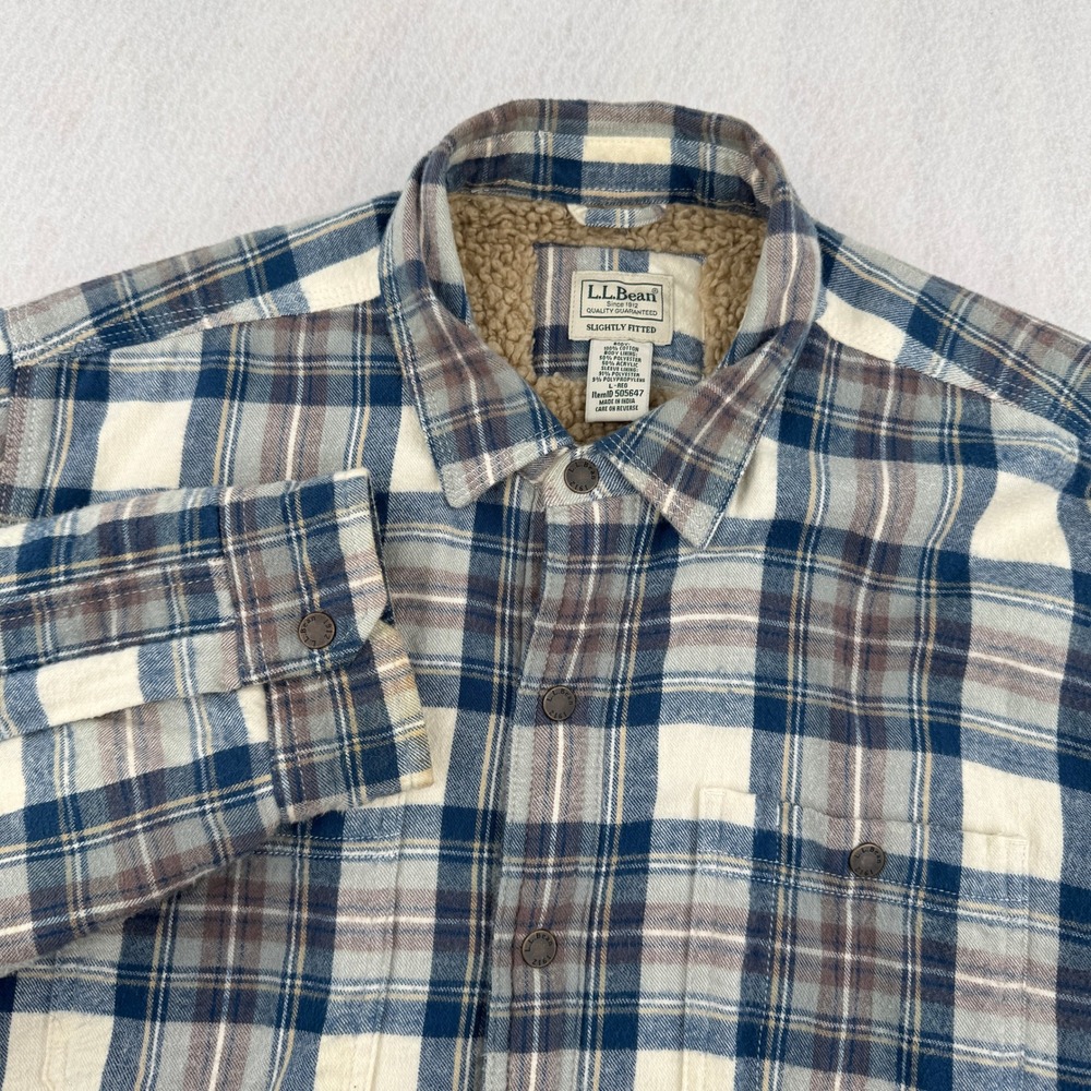 LL Bean Mens L Sherpa Lined Flannel Shirt Jacket Blue Plaid Slightly Fitted